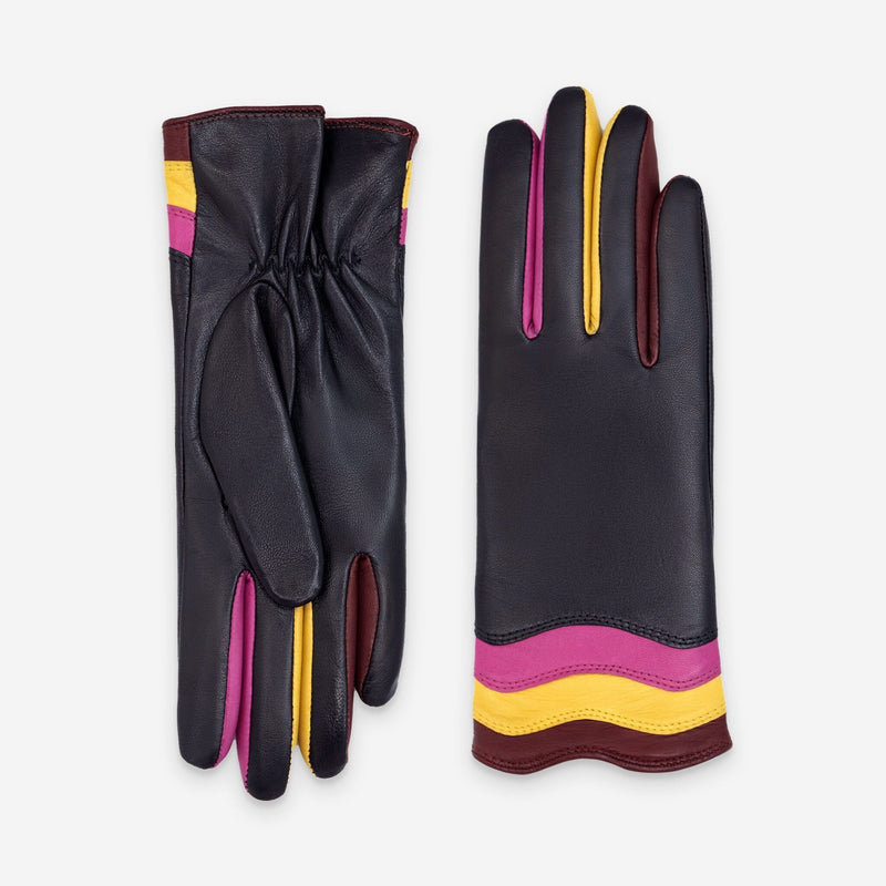 Gants cuir agneau-100% soie-21558SN Gants cuir femme prestige Glove Story Noir-Fuchsia 6.5 