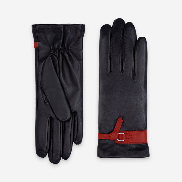 Gants cuir agneau-100% soie-21569SN Gant cuir femme prestige Glove Story Noir/Flame Scarlet 6.5 